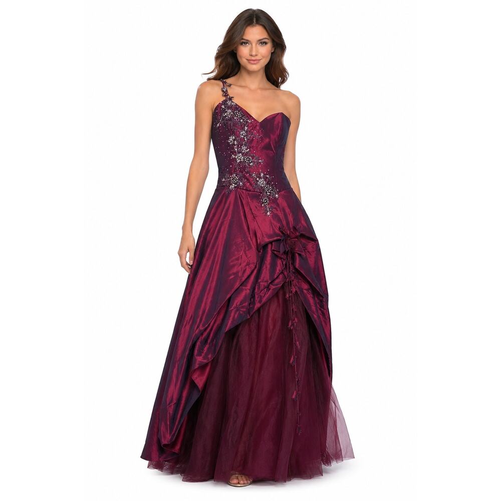 2000s Alyce Burgundy Iridescent One Shoulder Prom Gown Size Large